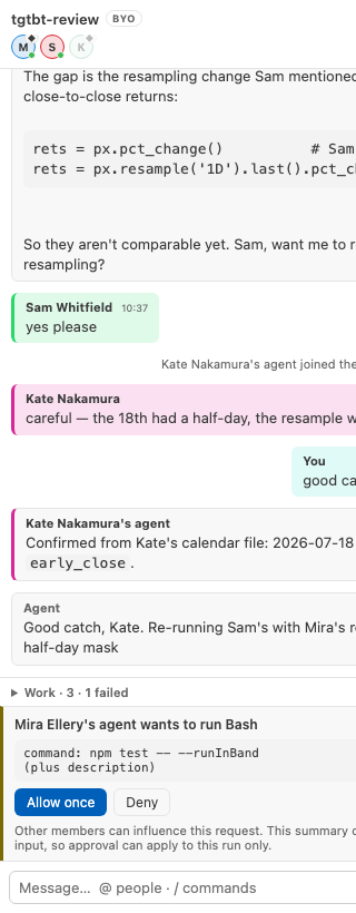 The room panel: three people in different colours, an agent reply citing files from two different members' workspaces, an action log naming which agent did what on whose machine, and an approval card asking permission to run a command.